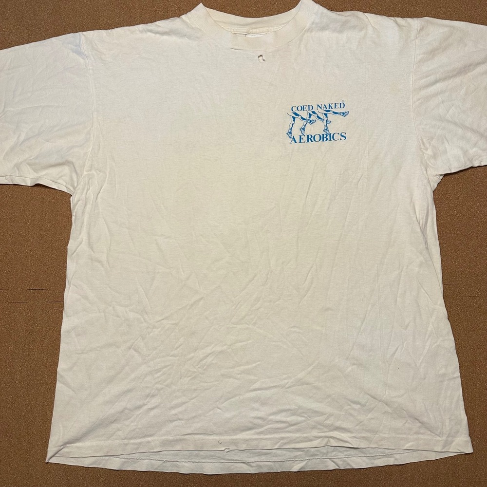 Delta Coed Naked Aerobics T-Shirt Mens XL White Vintage 90s Graphic Made in USA